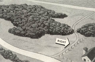 [FIGURE 5 (2). Here is the correct way to gain access to a concealed position. Vehicles stay in one track which is continued past the position to a logical termination, such as a road.  This track must show signs of equal wear throughout. Locate turnoff where it is least conspicuous.]